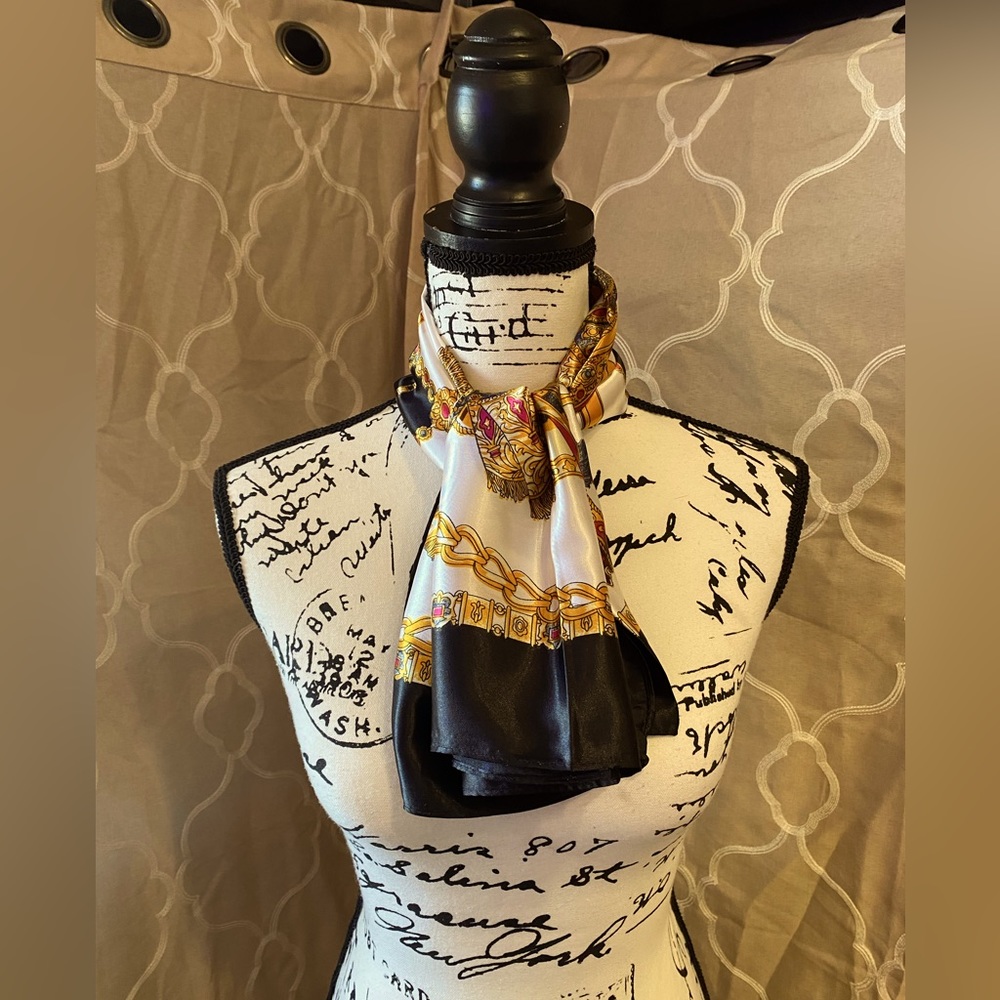 VTG Large Square Silky Fashion Scarf w/Gold, Black & Magenta Boho Designs
